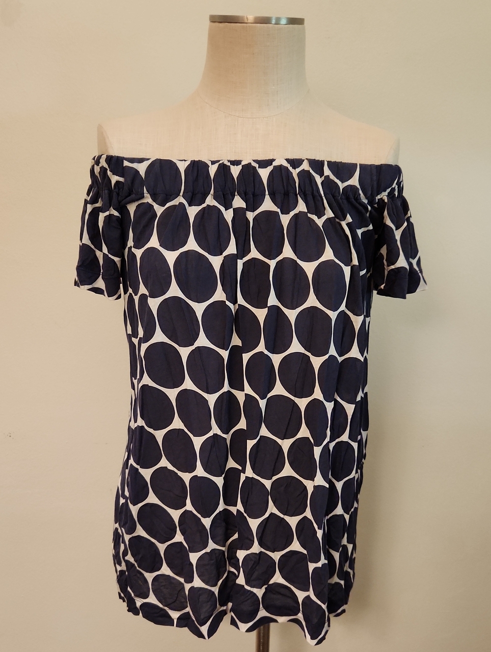 French Connection Off-Shoulder Polka Dot Top in Navy and White